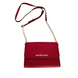 Michael Kors Jet Set Travel Saffiano Leather Crossbody Red - Gold Chain Strap EC